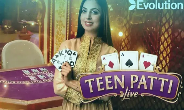 Teen Patti Live dealer art where a three-card hand faces the dealer