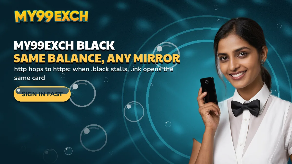 My99Exch Black same balance, any mirror banner: http hops to https; when .black stalls, .ink opens the same card, with the sign in fast bubble button and a card dealer in a bow tie holding one phone