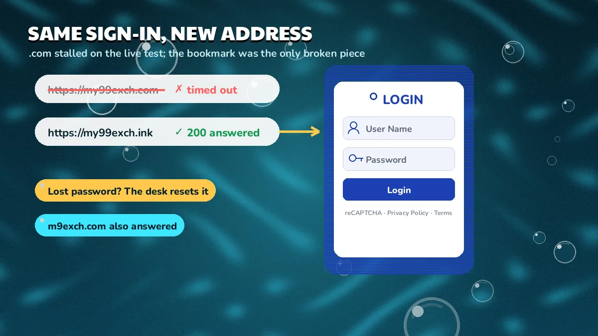 Same sign-in, new address diagram: a struck-out my99exch.com bar, a green my99exch.ink bar and the LOGIN card they lead to
