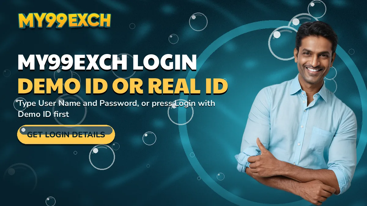 My99Exch Login demo id or real id banner: type User Name and Password, or press Login with Demo ID first, with the get login details bubble button and a man in a light blue shirt giving a thumbs-up