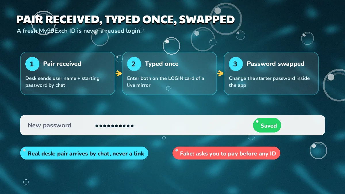 Pair received, typed once, swapped diagram: three step cards, a new-password row marked Saved, and real-desk versus fake pills