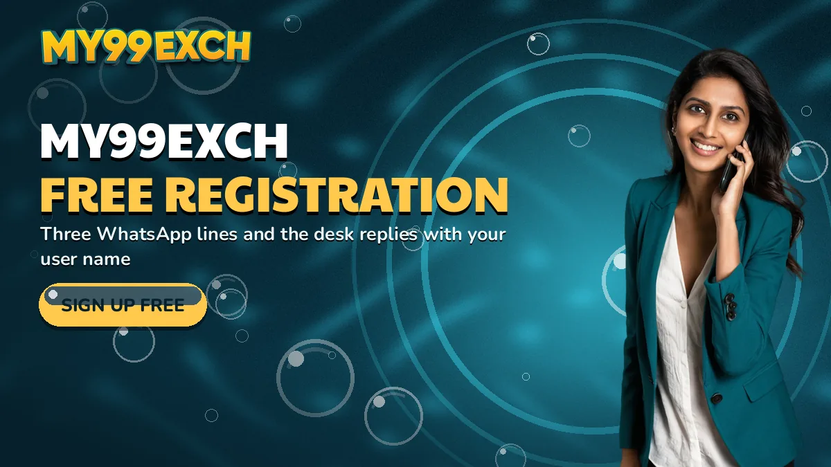 My99Exch free registration banner: three WhatsApp lines and the desk replies with your user name, with the sign up free bubble button and a woman in a teal blazer taking a phone call